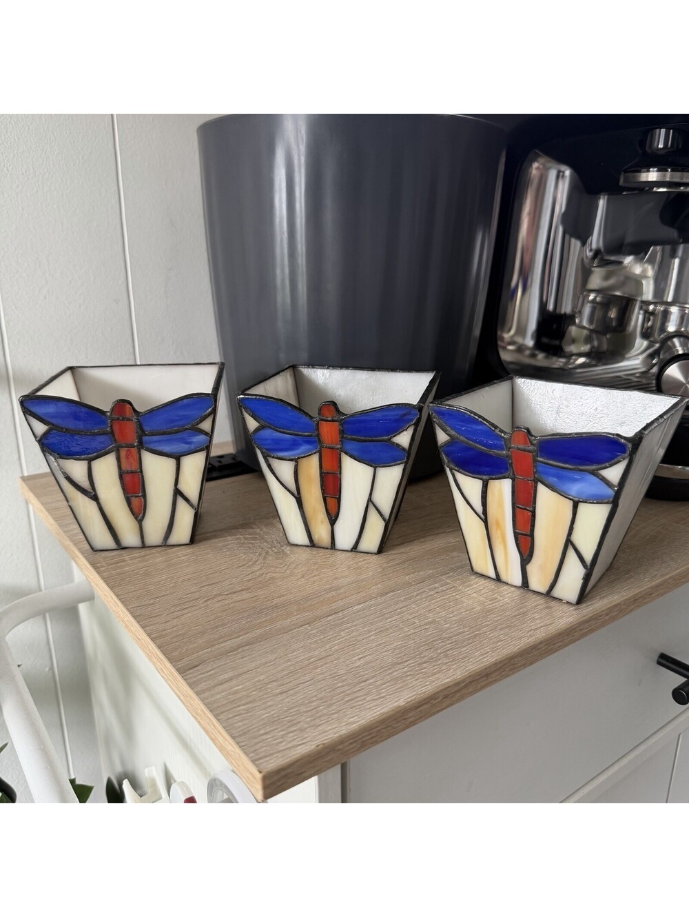 Pier 1 Imports Tiffany Style Dragonfly Stained Glass Candle Holder Set of 3